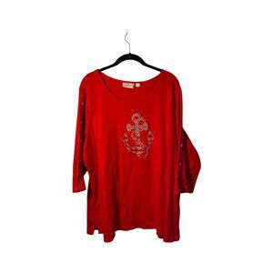 Quacker factory women’s plus size red 3/4 sleeve nautical anchor top S/2X